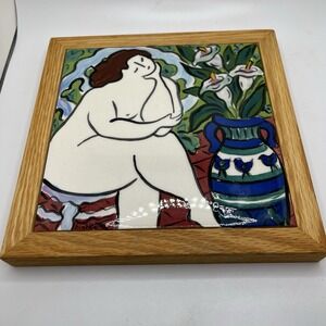 Carol Keiser 6" Hand Painted Nude Woman Sitting Ceramic Tile Oak Framed Trivet